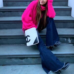 CHANEL Medium Ligne Cambon Messenger Bag White and Black Quilted Shoulder Bag